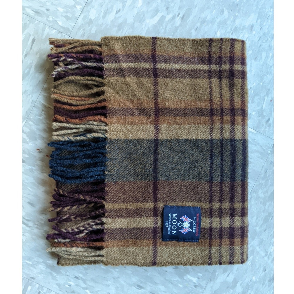 J.Crew Moon Woven in England Wool Plaid Scarf Brown Burgundy Fringe Mens Womens